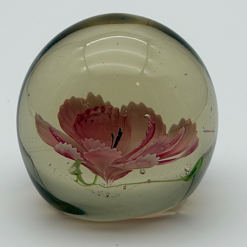 Vintage‎ Pink Floral Art Glass Paperweight Lampwork Flower Sphere 3 Inch Round